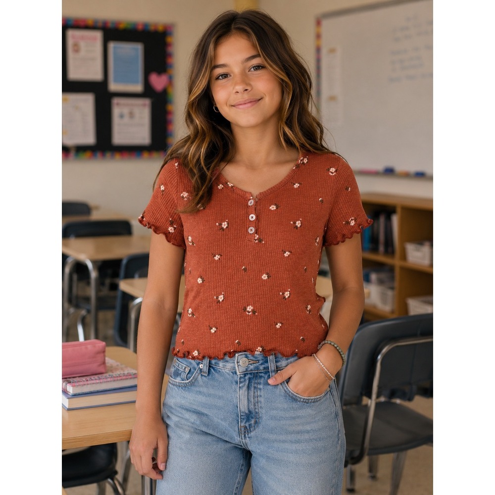 Art Class Girls Rust Orange Floral Ribbed Henley Top Lettuce Trim L 10/12
